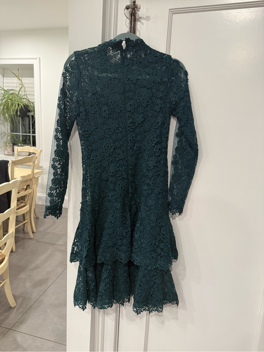 Teri Jon Rickie Freeman Lace Tiered Long-Sleeve Formal Dress Deep Green Size 2 - Picture 3 of 14